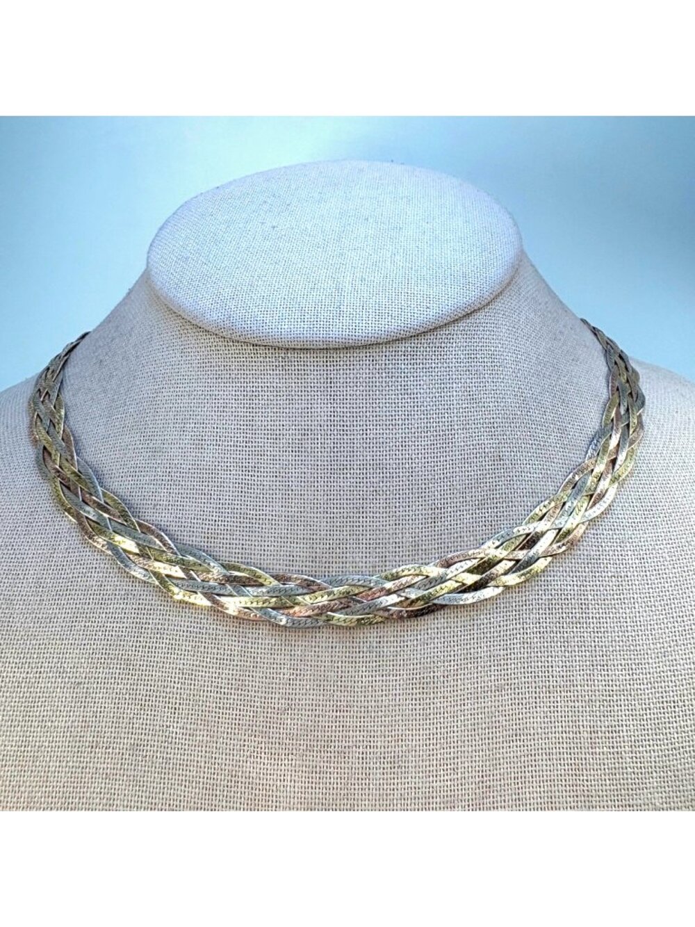 Tri-Color Braided Herringbone Chain Necklace 925 Sterling Silver 18.25" Length